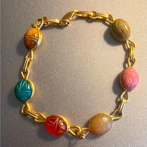 14K Scarab Bracelet, Carved Multi-Stone Link Bracelet. Fits size 6” wrist